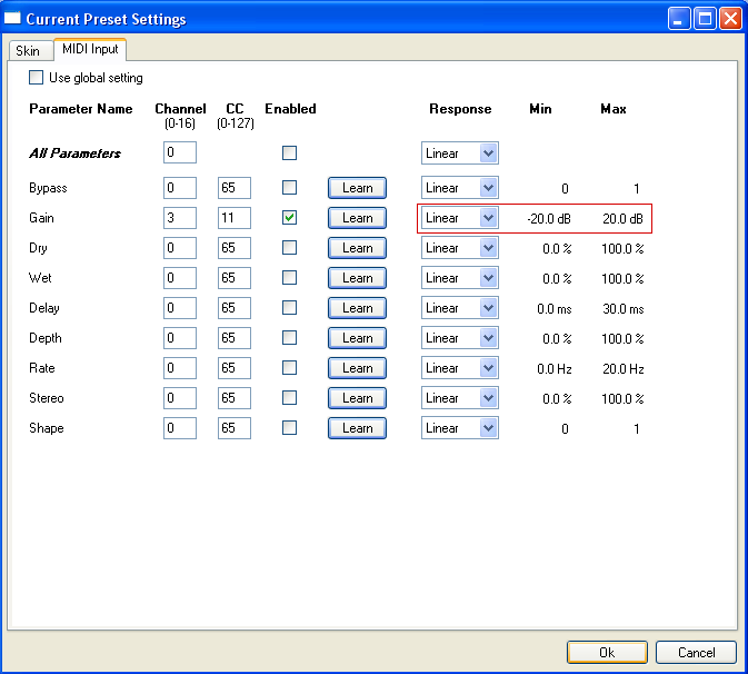 Step 10 - You can also modify the response curve (Min, Max, Response) of the MIDI mapping